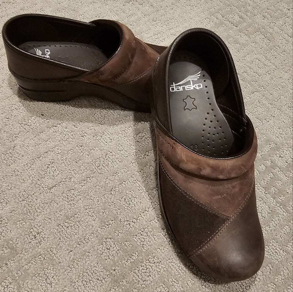 Dansko leather and suede patch clog
